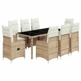 Cumpara ieftin Set bistro de gradina, 9 piese, cu perne, bej, poliratan
