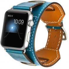 Curea iUni compatibila cu Apple Watch 1/2/3/4/5/6/7, 38mm, Cuff 4 in 1, Piele, Albastru foto