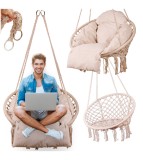 Leagan Tip cuib , Rotund, Suspendat, cu perna XXL si spatar, Pentru Casa Sau Gradina, Bej, 120 kg