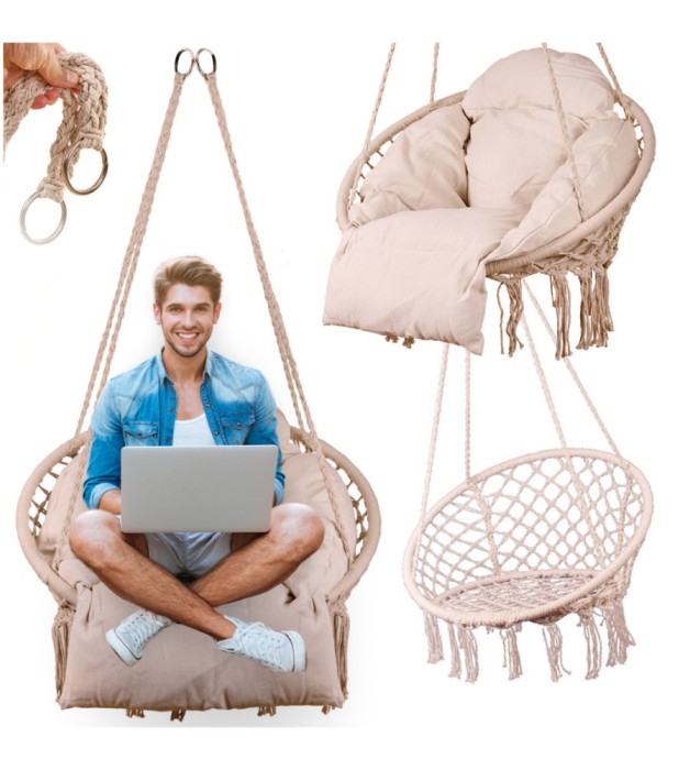Leagan Tip cuib , Rotund, Suspendat, cu perna XXL si spatar, Pentru Casa Sau Gradina, Bej, 120 kg