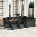 Set de canapea pentru gradina Gossi cu 13 piese si perne negru poliratan acacia, set de dining pentru gradina Gossi cu 4 piese si perne negru polirata