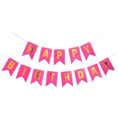 Banner Happy Birthday, Ghirlanda, 2.5m x 17cm, Roz inchis, Ropet