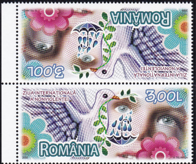 ROMANIA 2009 LP 1847 d ZIUA INTERNATIONALA A NONVIOLENTEI SERIE TETE-BECHE MNH foto