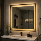 Oglinda LED pentru baie NUK 70x70 cm, neagra, cu dezaburire si ceas