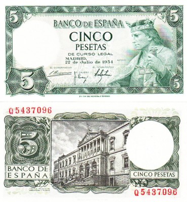 Spania 5 Pesetas 22.07.1954 P-146 UNC foto