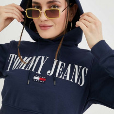 Tommy Jeans bluza femei, culoarea albastru marin, cu glugă, cu imprimeu