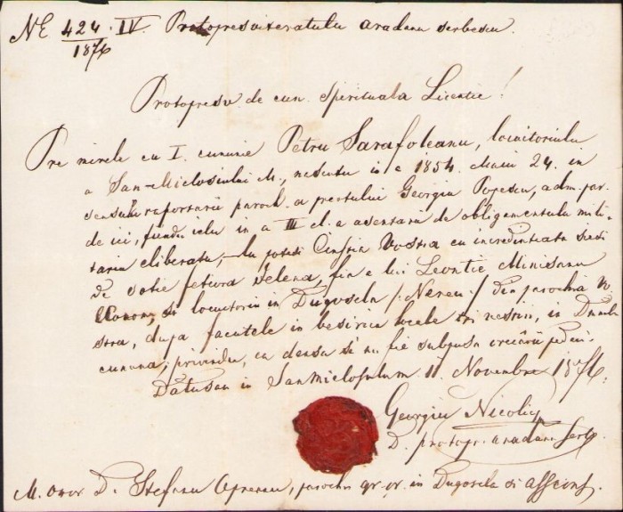 A1463 Licență de căsătorie, 1876, cu sigiliu &icirc;n ceară roșie, preot rom&acirc;n otodox, S&acirc;nnicolau Mare, județul Timiș