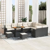 Set canapea grădină vidaXL cu 12 piese și perne, Negru, Ratan poli, Acacia