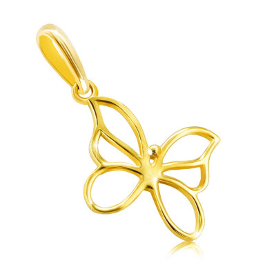 Pandantiv din aur 14K - fluture cu linii &amp;icirc;nguste, aripi cu decupaje, bilă mică &amp;icirc;n centru foto