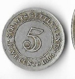 Moneda 5 cents 1895 - Straits Settlements, 1,35 g argint 0,800, Africa
