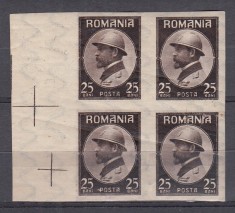 ROMANIA 1922 LP 73 INCORONAREA REGELUI LA ALBA IULIA 25 BANI BRUN NEDANTELAT BLOC 4 TIMBRE STARE MNH/SARNIERA