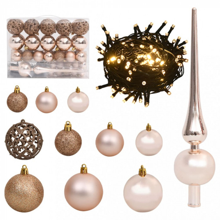 Set globuri Crăciun cu v&acirc;rf &amp; 150 LED-uri 61 piese, roz auriu