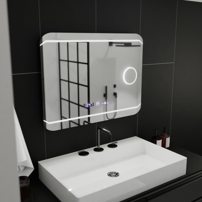 Oglinda LED Rectangulara, 80x60cm, Stile MotionGlow Marcello, Sistem Dezaburire, Ceas &amp; Termometru, Lupa Cosmetica, Dimabila ModernLight Concept