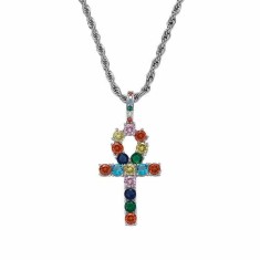 Colier MBrands cu pandantiv in forma ankh, cristale zirconiu colorate Argintiu