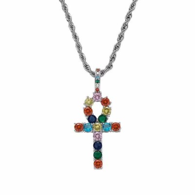 Colier MBrands cu pandantiv in forma ankh, cristale zirconiu colorate Argintiu foto