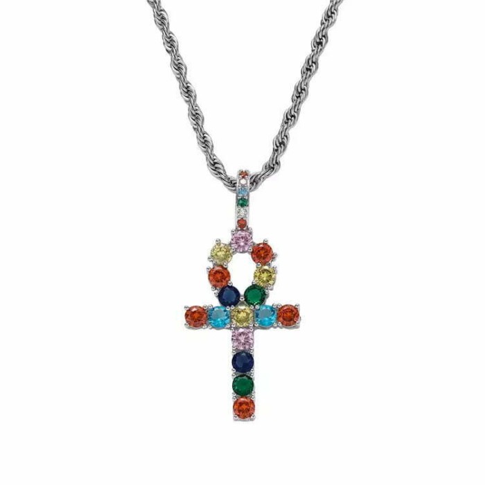 Colier MBrands cu pandantiv in forma ankh, cristale zirconiu colorate Argintiu