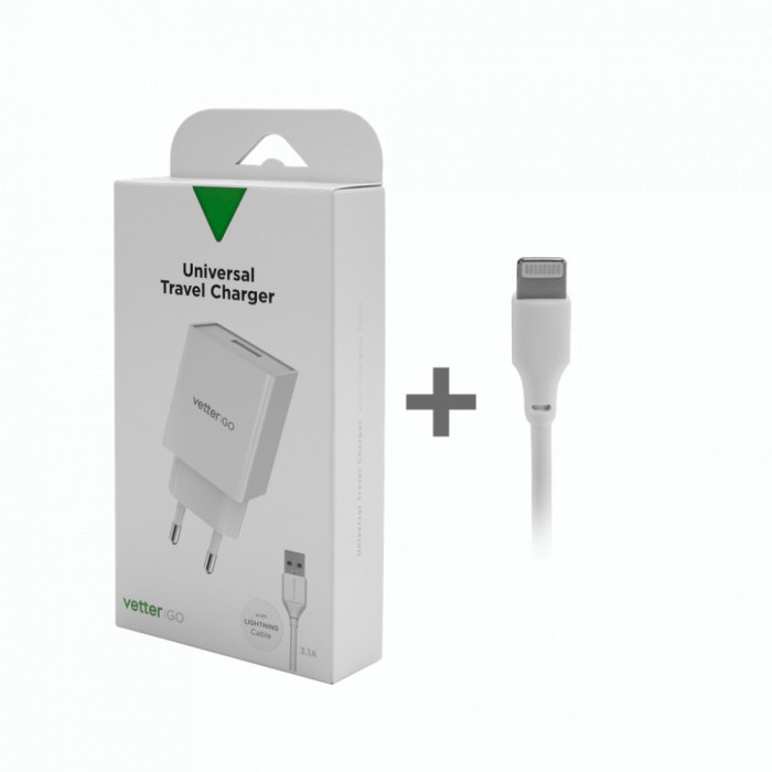 Incarcator retea Vetter GO, Smart Travel Charger, 3.1A, with Lightning Cable, Alb