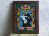 colectie / arta / religie - Icoana veche romaneasca Sf. Anton si Pruncul Iisus pictura naiva pe sticla cu rama din lemn / Transilvania !