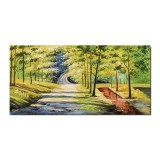 Tablou gigant peisaj din padure pictat manual, Oaza de liniste, 140x70cm ulei pe panza in cutit, gata de expus pe perete