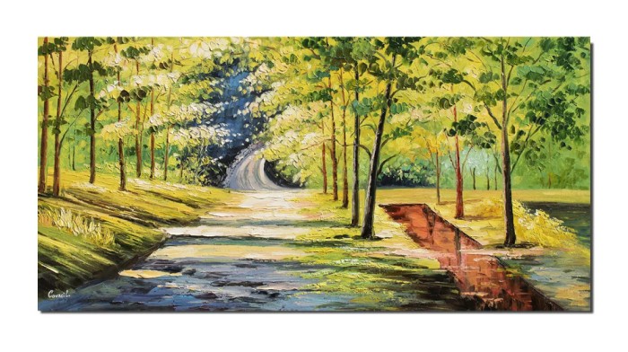 Tablou gigant peisaj din padure pictat manual, Oaza de liniste, 140x70cm ulei pe panza in cutit, gata de expus pe perete