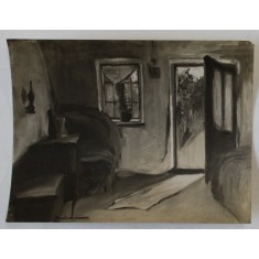 PICTOR DUMITRU BRAESCU ( 1886 -1947 ) , INTERIOR DE CASA TARANEASCA , FOTOGRAFIE DUPA ORIGINAL , INTERBELICA