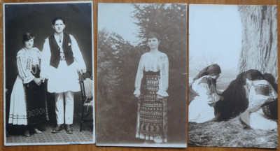 3 carti postale interbelice , costume populare romanesti , 2 foto