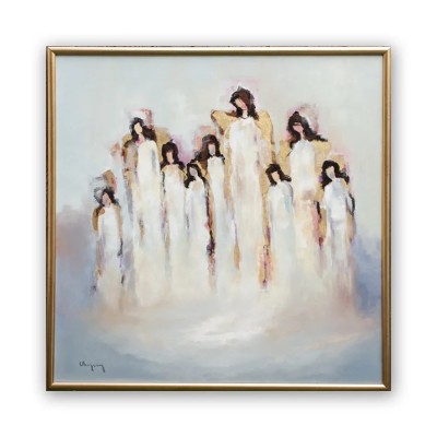 Tablou Ingeri pictat manual inramat, 80x80cm ulei pe panza foita de aur, Geo Ungureanu foto