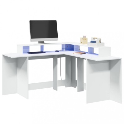 vidaXL Birou cu lumini LED, alb, 152x152x91 cm, lemn prelucrat foto