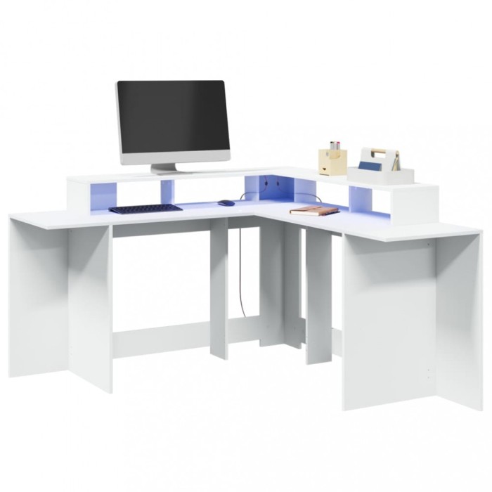 vidaXL Birou cu lumini LED, alb, 152x152x91 cm, lemn prelucrat