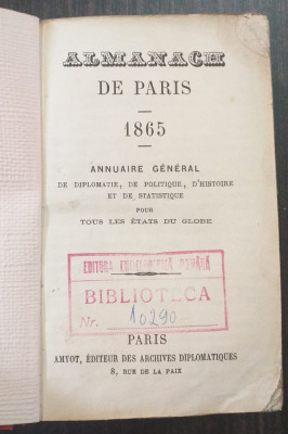 ALMANACH DE PARIS - 1865 - ANNUAIRE GENERAL DE DIPLOMATIE, POLITIQUE, HISTOIRE foto