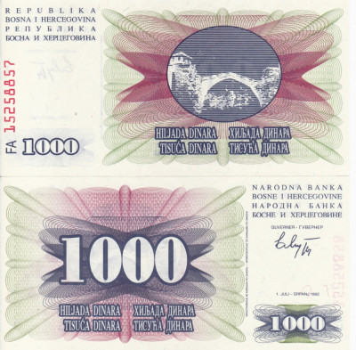 BOSNIA-HERTEGOVINA 1.000 dinara 1992 UNC!!! foto