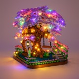 Cumpara ieftin Set Constructie 3D, casa in copac sakura, 2008 piese, lumini LED, piese multicolore, flori mov, material durabil ABS non-toxic, model decorativ in sti