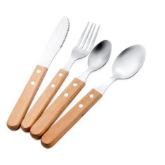 Set 4 tacamuri pentru masa flippy, otel 304, lingura, lingurita desert, cutit, furculita, maner din lemn de fag, 20 x 4 x 2 cm, gri