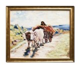 Tablou celebru Car cu boi pictat manual inramat, 55x45cm ulei pe panza, rama din lemn, reproducere Nicolae Grigorescu, Stefan Bilibou