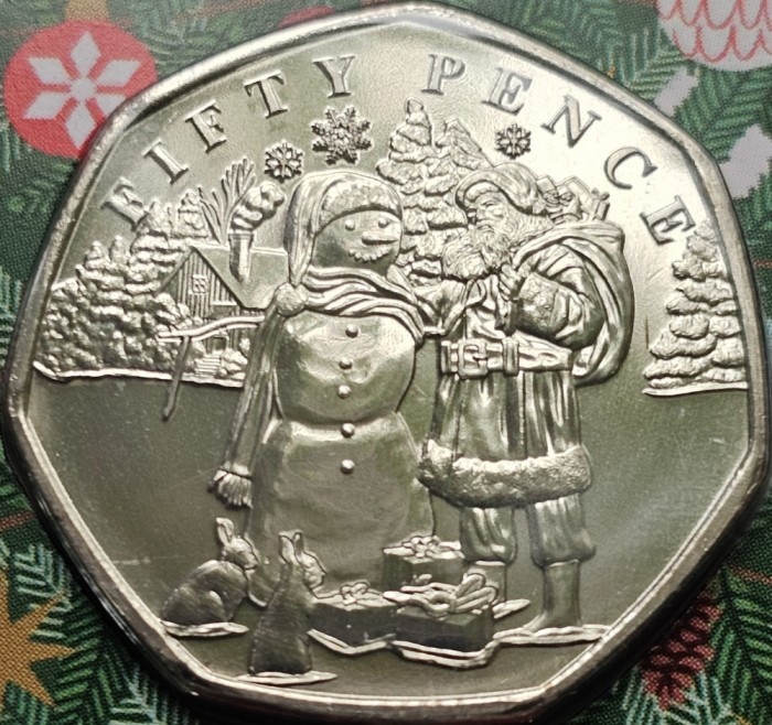 50 pence 2024 Guernsey, Snowman with Santa Klaus, Brill.unc, Blister/felicitare