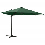 VidaXL Umbrelă suspendată cu st&acirc;lp și LED-uri, verde, 300 cm