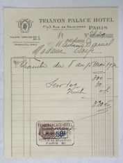 14.CHITANTA ELIBERATA FAMILIILOR DOCTORULUI CONSTANTIN DANIEL SI ANTON CARP , DE HOTELUL &amp;#039; TRIANON PALACE &amp;#039; DIN PARIS , 1932 foto