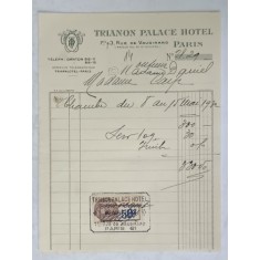 14.CHITANTA ELIBERATA FAMILIILOR DOCTORULUI CONSTANTIN DANIEL SI ANTON CARP , DE HOTELUL &#039; TRIANON PALACE &#039; DIN PARIS , 1932