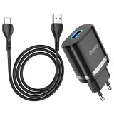 Incarcator retea Quick Charge Hoco - USB-A, 10W, 2.4A, include cablu USB-A la USB Type-C, 1m, Negru (N1)