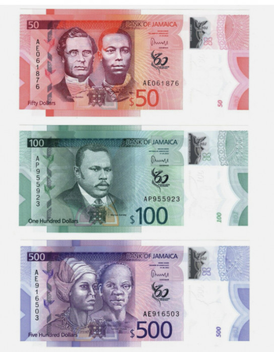 Jamaica 50 ,100,500 Dollars 2023 Polimer UNC P96, P97, P98