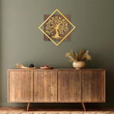 Decoratiune de perete, Tree v2, 50% lemn/50% metal, Dimensiune: 54 x 54 cm, Nuc / Aur, Skyler