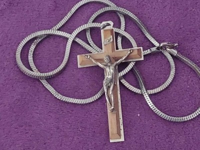 Crucifix cu lant masiv Vintage pentru gat,lant si crucifix vechi masiv argintat foto
