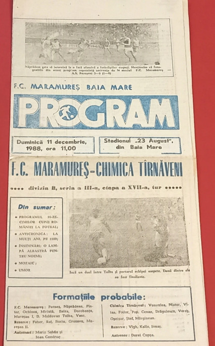 Program meci fotbal "MARAMURES" BAIA MARE - "CHIMICA" TARNAVENI (11.12.1988)