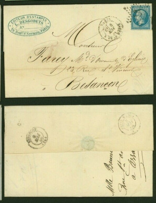 France 1866 Postal History Rare Old Cover + Content Paris to Besancon DB.520 foto