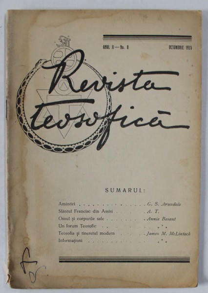 REVISTA TEOSOFICA , ANUL II , No. 8 , OCTOMBRIE , 1935