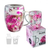 Cana 300 ml din sticla borosilicata, pereti dubli, model flori roz, in cutie cadou, JollyMag, SZK187