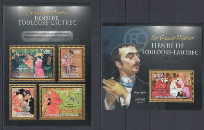 R.Centrafricana 2013 - Pictura - TOULOUSE LAUTREC - BL + KB - MNH - MI. 30 Eur.