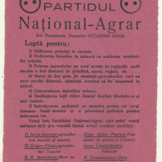 Afis electoral PARTIDUL NATIONAL-AGRAR OCTAVIAN GOGA - anii 1930