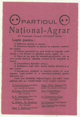 Afis electoral PARTIDUL NATIONAL-AGRAR OCTAVIAN GOGA - anii 1930 foto