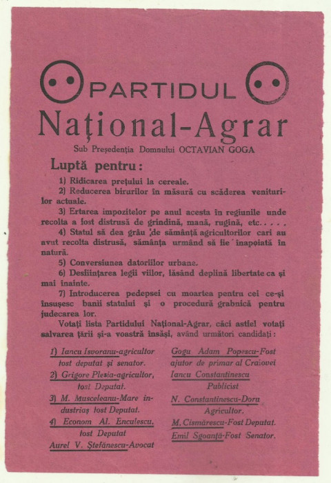 Afis electoral PARTIDUL NATIONAL-AGRAR OCTAVIAN GOGA - anii 1930